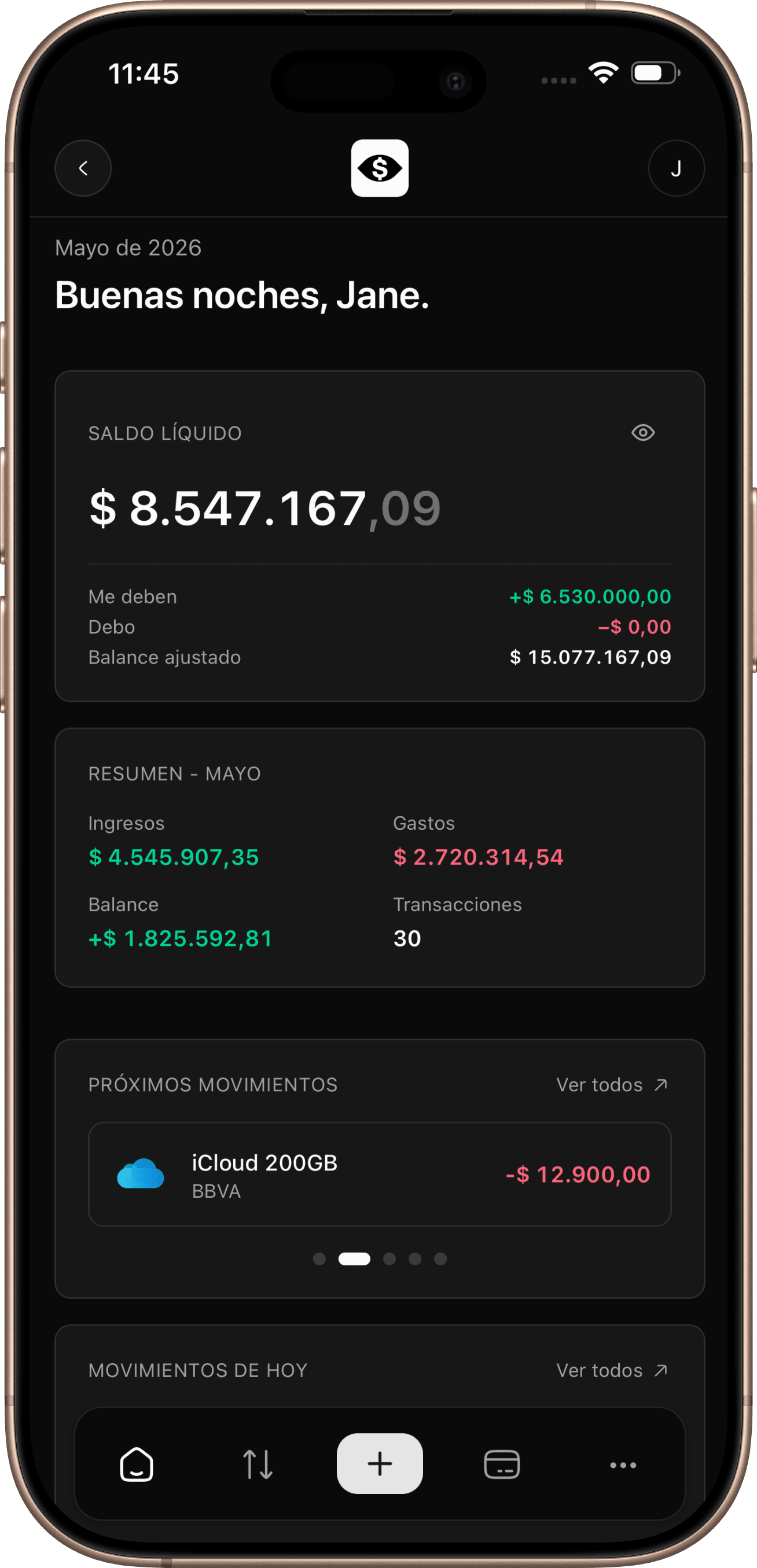 Moneye-app balance screen in an iPhone mockup
